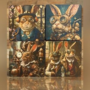 Handmade Steampunk Rabbit/Bunny 4” Square Wood Coasters Set of 4 - Easter/Spring